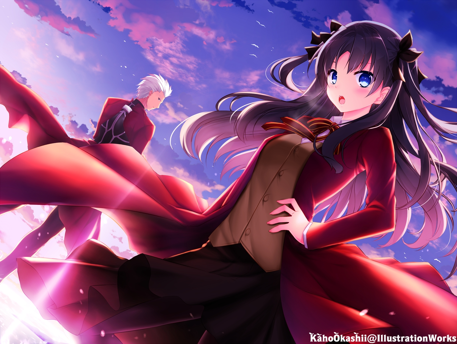 archer, black_hair, blue_eyes, cape, clouds, dark_skin, fate_(series), fate/stay_night