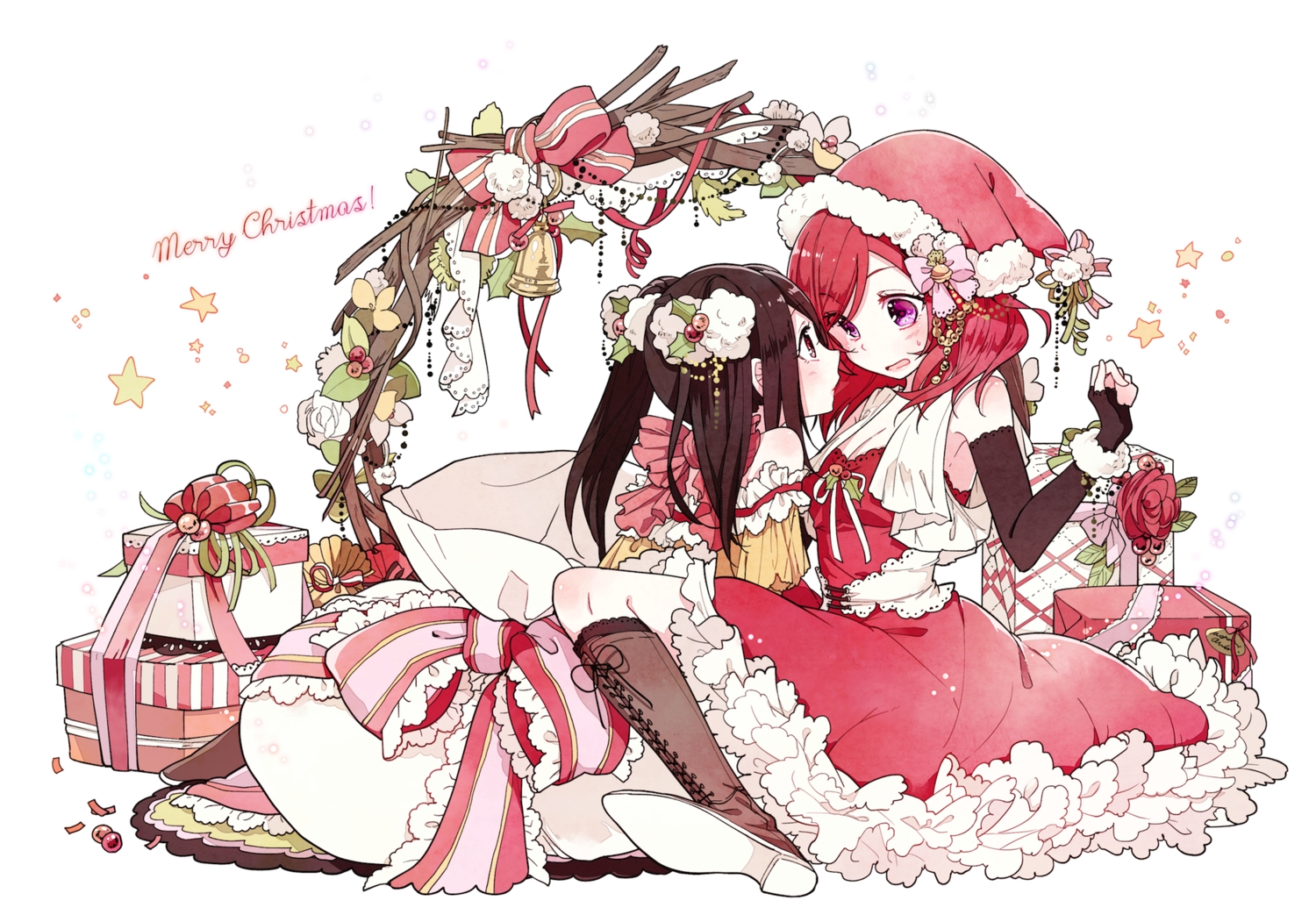 2girls, black_hair, boots, bow, christmas, elbow_gloves, flowers, gloves