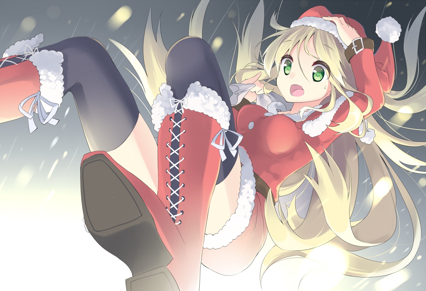 blonde_hair, boots, christmas, green_eyes, hat, long_hair, makadamixa, original