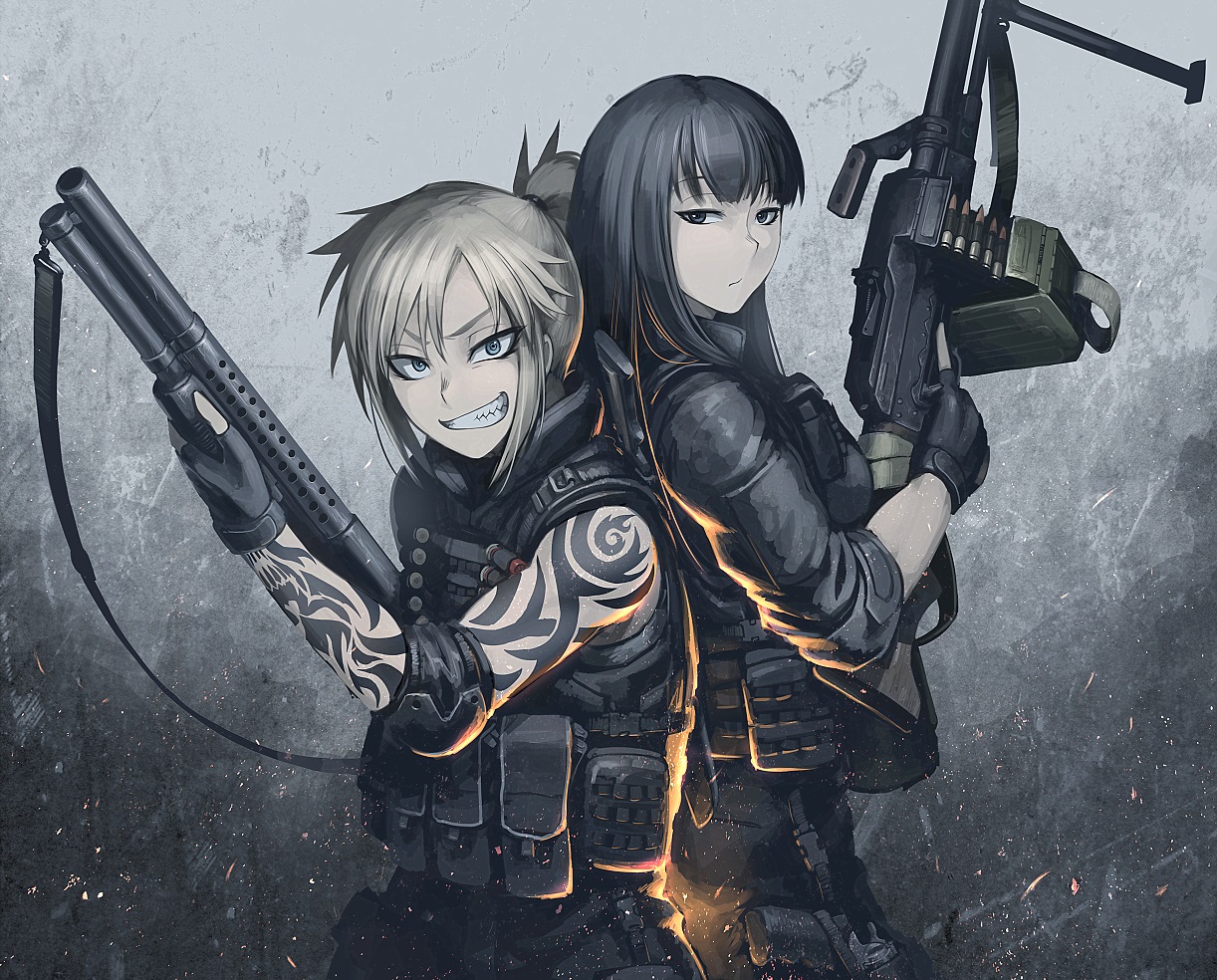 armor, black_hair, blonde_hair, blue_eyes, gloves, gun, hellshock, original, ponytail, suzumi_(hellshock), sword, tattoo, weapon