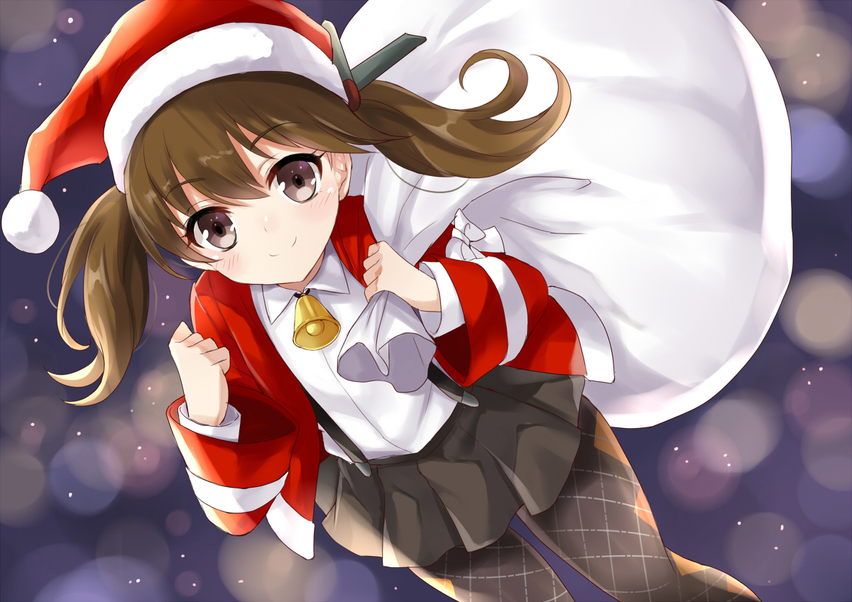anthropomorphism, brown_hair, christmas, harimoji, kantai_collection, pantyhose, ryuujou_(kancolle), twintails