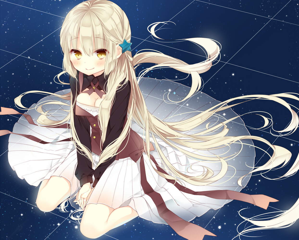 blonde_hair, blush, breasts, cleavage, naoto_(tulip), original, skirt, yellow_eyes