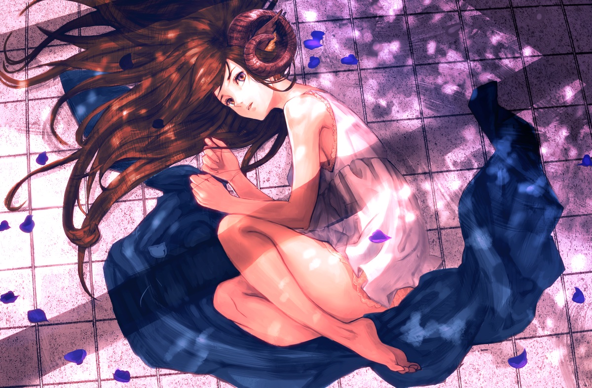 animal_ears, barefoot, bibiko, brown_eyes, brown_hair, dress, horns, long_hair, original, petals