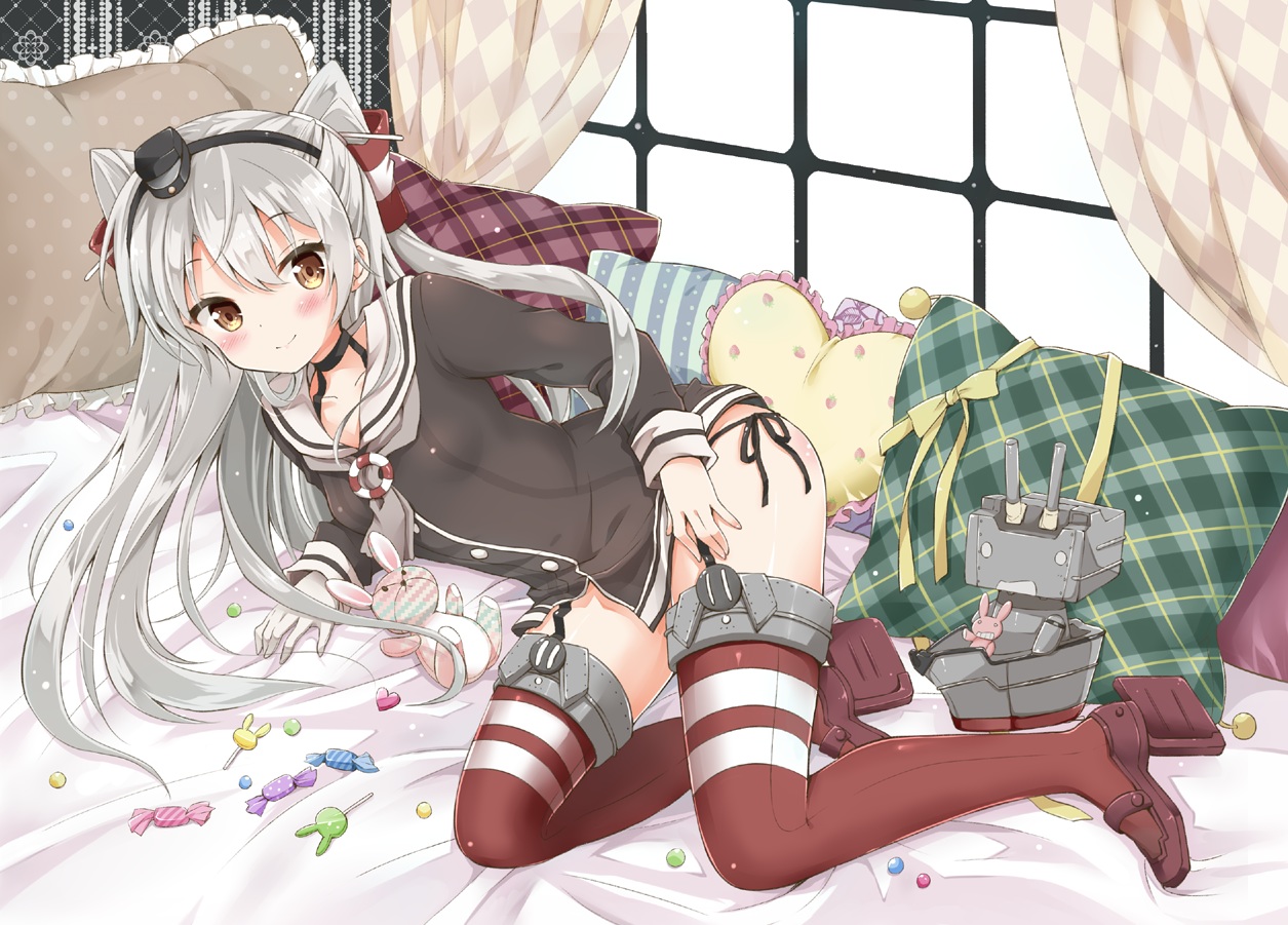 amatsukaze_(kancolle), anthropomorphism, bunny, candy, choker, gloves, gray_hair, headband