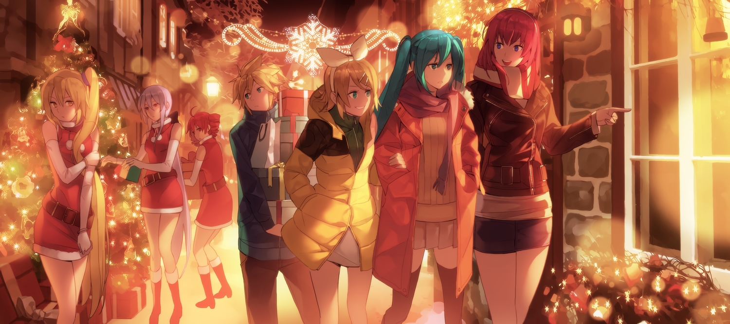 akita_neru, aqua_eyes, aqua_hair, blonde_hair, blue_eyes, boots, christmas, dress, elbow_gloves, gloves, green_eyes, green_hair, group, hatsune_miku, headband, jandy, kagamine_len, kagamine_rin, kasane_teto, kneehighs, long_hair, male, megurine_luka, night, ponytail, purple_hair, red_eyes, red_hair, ribbons, santa_costume, scarf, short_hair, skirt, thighhighs, tree, twintails, utau, vocaloid, yellow_eyes, yowane_haku, zettai_ryouiki