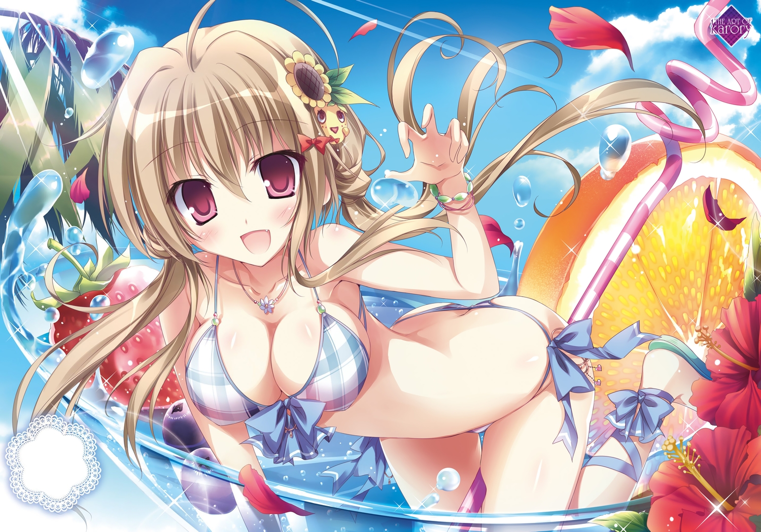 bikini, breasts, brown_hair, cleavage, dengeki_moeoh, fang, food, fruit