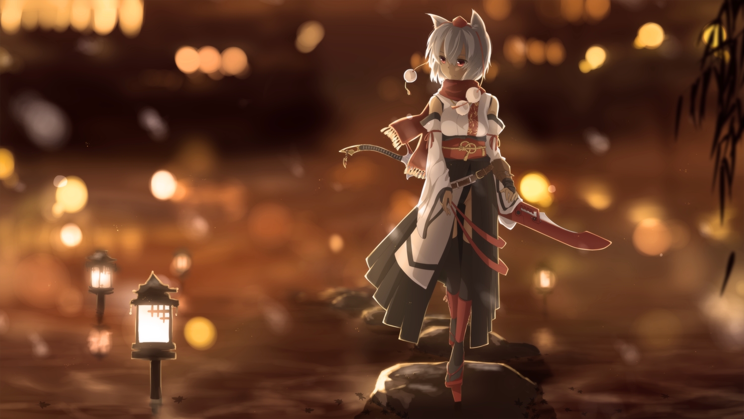 animal_ears, hat, inubashiri_momiji, japanese_clothes, kamiya_suzume, red_eyes, scarf, short_hair, sword, touhou, weapon, white_hair, wolfgirl