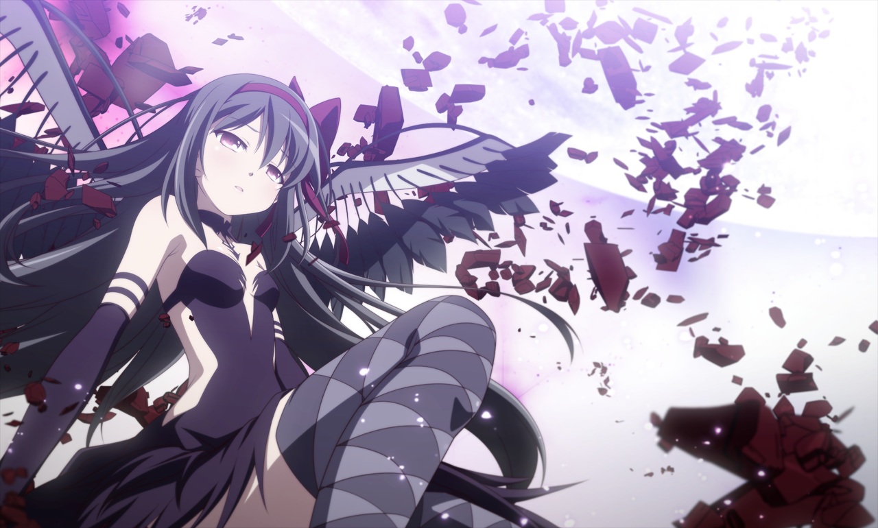 akemi_homura, black_hair, dress, feathers, headband, izumi_bell, long_hair, mahou_shoujo_madoka_magica, thighhighs, wings