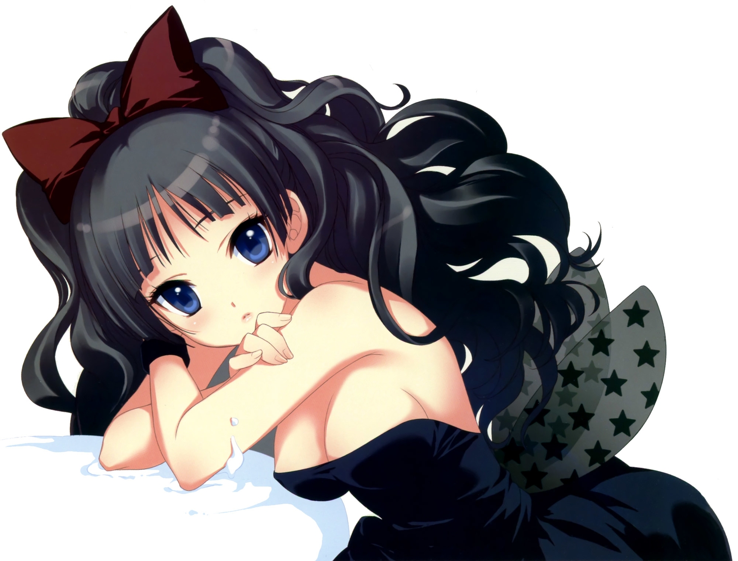akiyama_mio, black_hair, blue_eyes, breasts, cleavage, dmyo, dress, k-on!