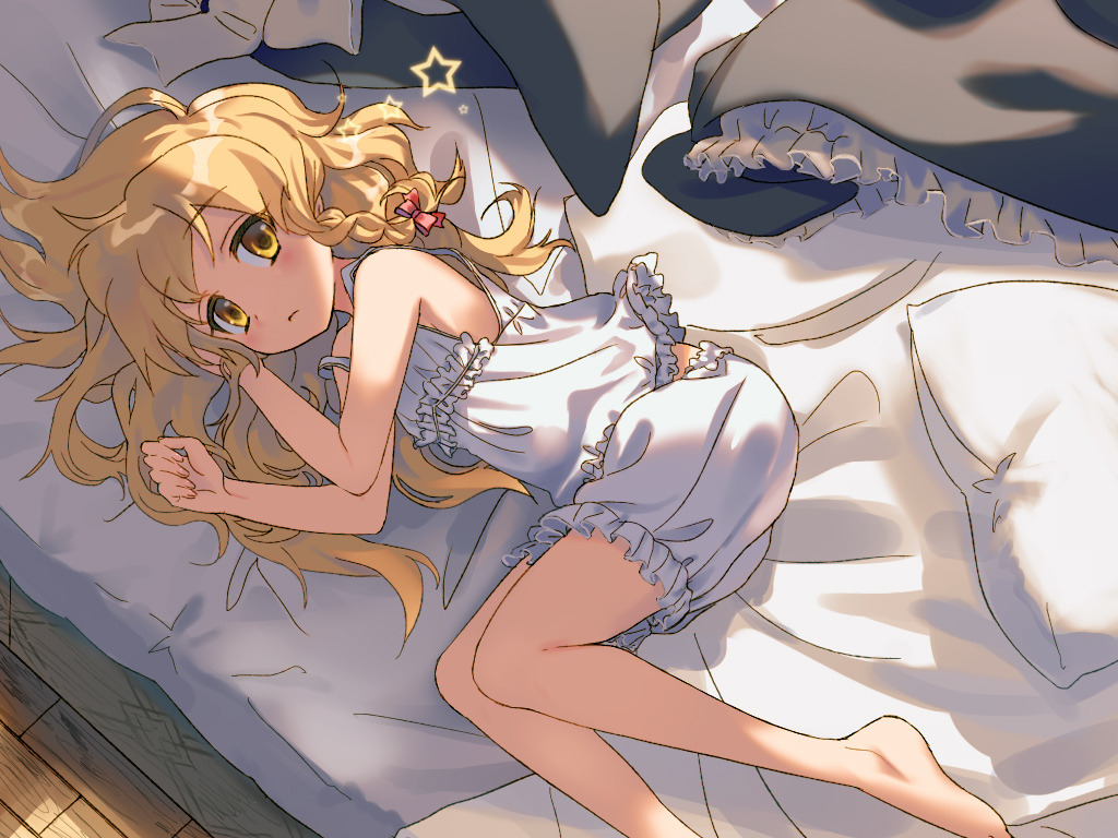 barefoot, bed, blonde_hair, bloomers, braids, kirisame_marisa, long_hair, touhou, yellow_eyes, yo_yuma