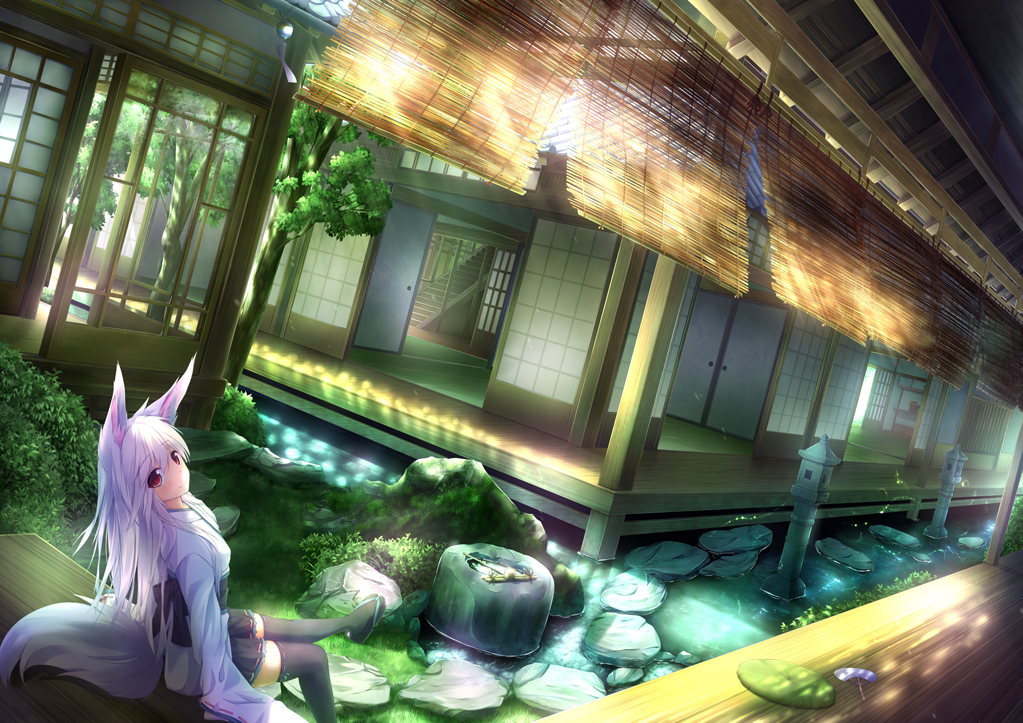 animal_ears, building, foxgirl, japanese_clothes, long_hair, original, ozshia_(shia-ushio), red_eyes