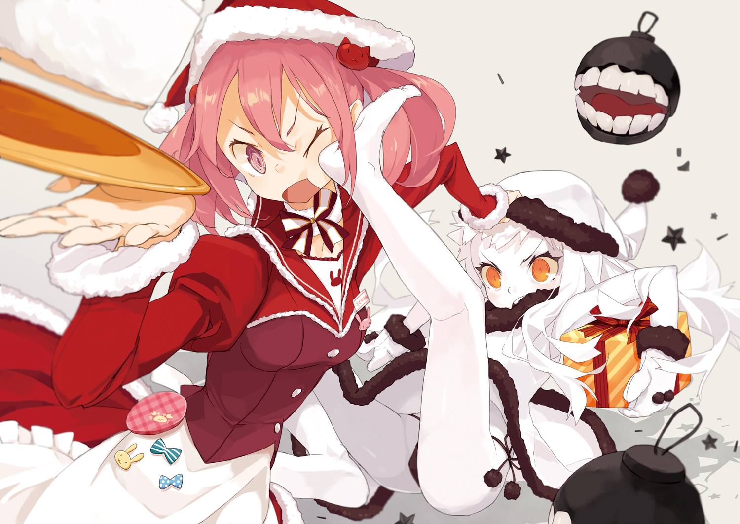 2girls, anthropomorphism, christmas, dress, harapeko_(886011), hat, kantai_collection, loli, northern_ocean_hime, panties, pink_hair, santa_hat, sazanami_(kancolle), underwear, waitress, white_hair