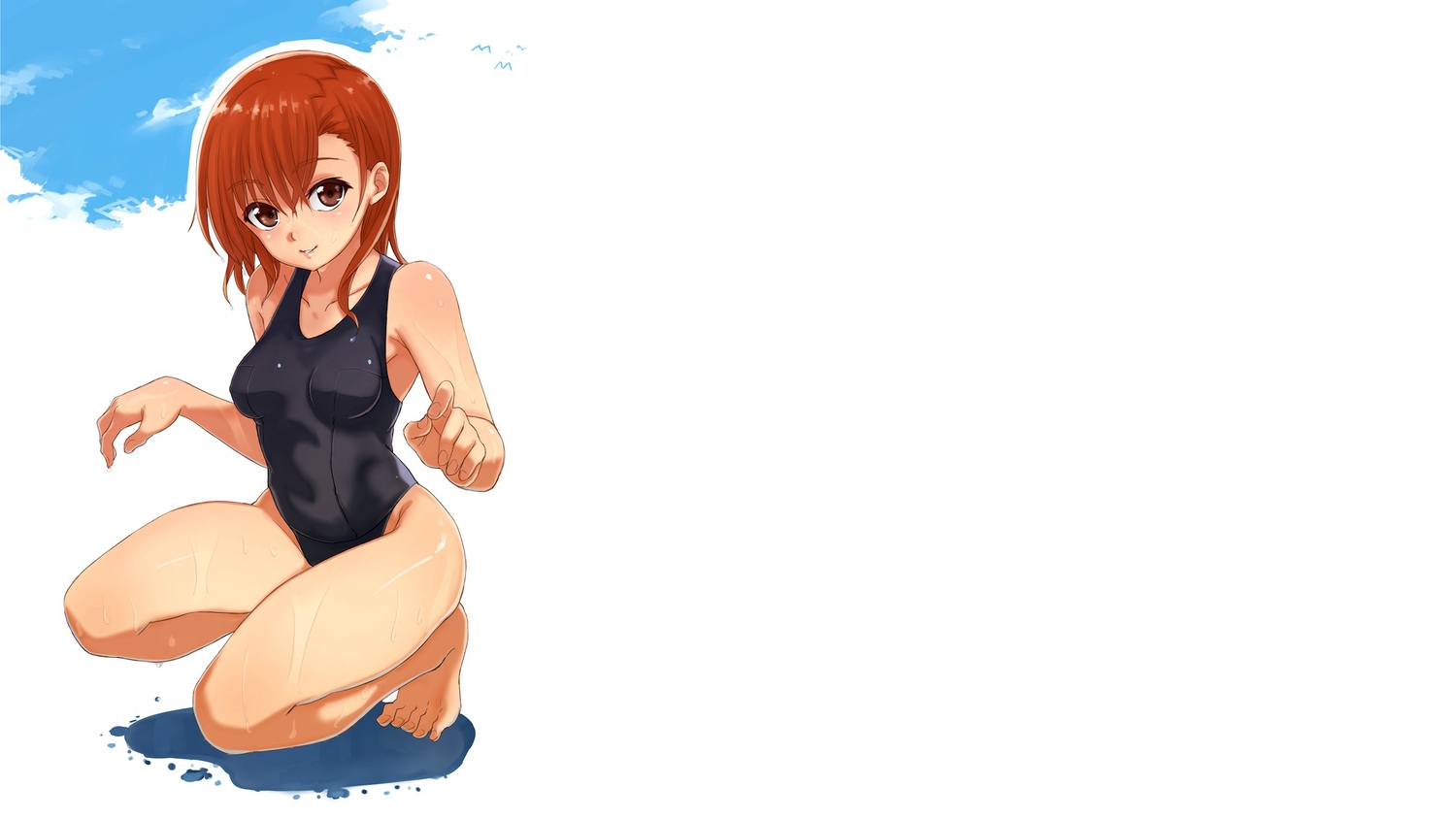 breasts, brown_eyes, brown_hair, isshi_pyuma, jpeg_artifacts, misaka_mikoto, school_swimsuit, swimsuit
