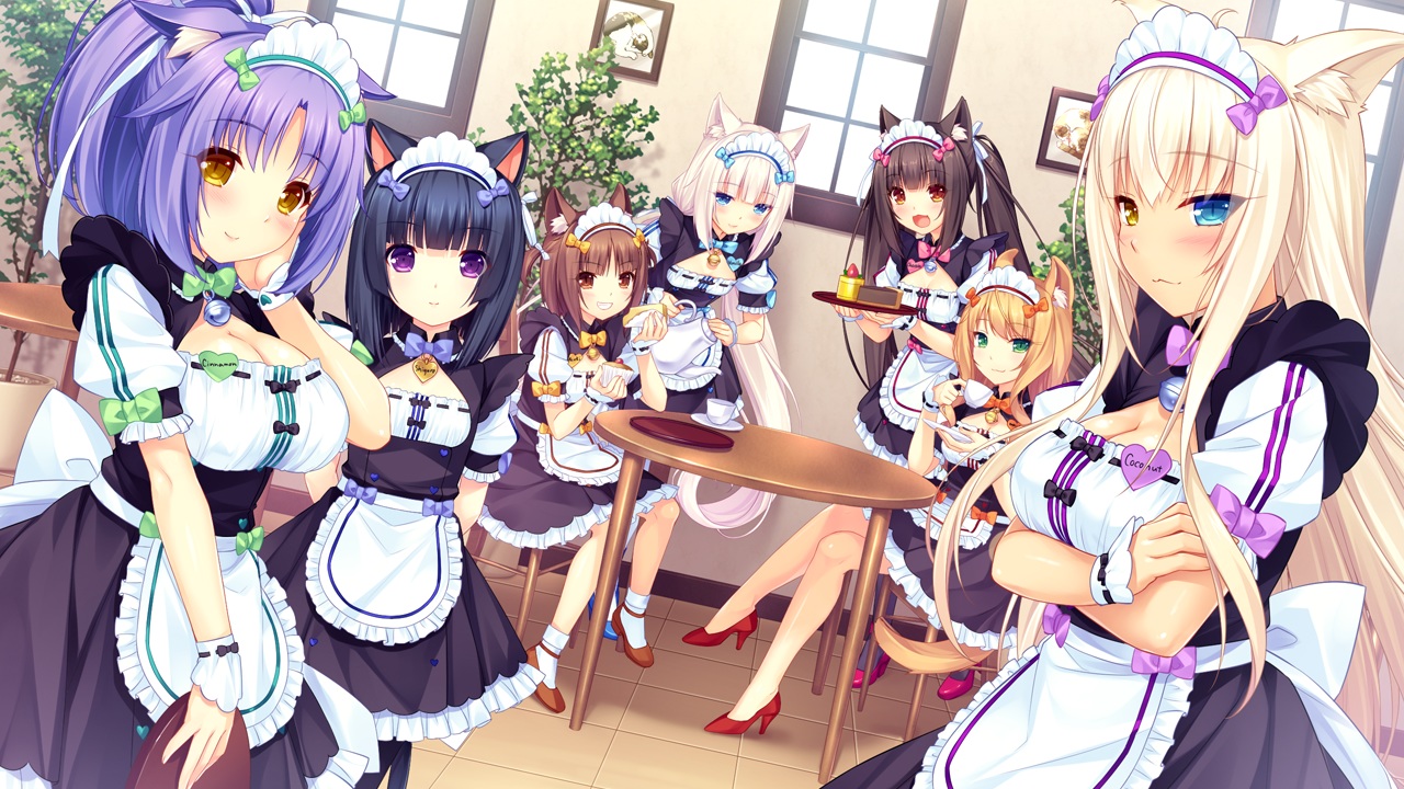 animal_ears, apron, aqua_eyes, azuki_(sayori), bicolored_eyes, black_hair, blonde_hair, blush, breasts, brown_eyes, brown_hair, catgirl, cat_smile, chocola_(sayori), cinnamon_(sayori), cleavage, coconut_(sayori), game_cg, green_eyes, group, headdress, loli, long_hair, maid, maple_(sayori), minazuki_shigure, nekopara, neko_works, orange_hair, purple_eyes, purple_hair, sayori, twintails, vanilla_(sayori), white_hair, wristwear, yellow_eyes