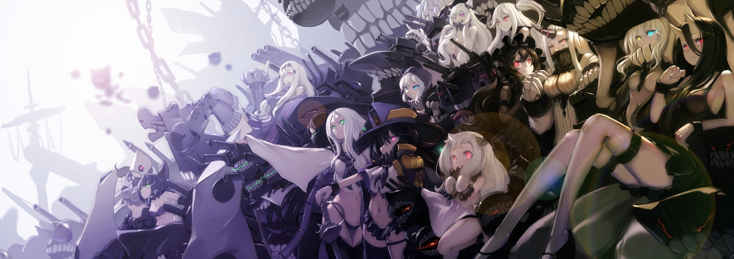 aircraft_carrier_oni, aircraft_carrier_water_oni, anthropomorphism, battleship_hime, blue_eyes, chi-class_torpedo_cruiser, gray_eyes, group, isolated_island_oni, kantai_collection, long_hair, midway_hime, northern_ocean_hime, re-class_battleship, red_eyes, ri-class_heavy_cruiser, ru-class_battleship, seaport_hime, short_hair, ta-class_battleship, undeedking, white_hair, wo-class_aircraft_carrier