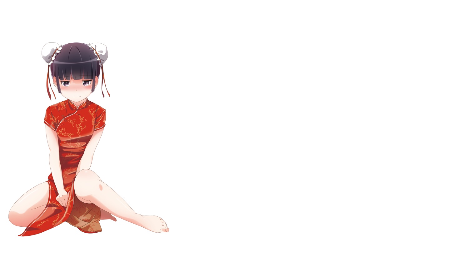 barefoot, black_eyes, black_hair, blush, chinese_clothes, chinese_dress, dress, gokou_ruri