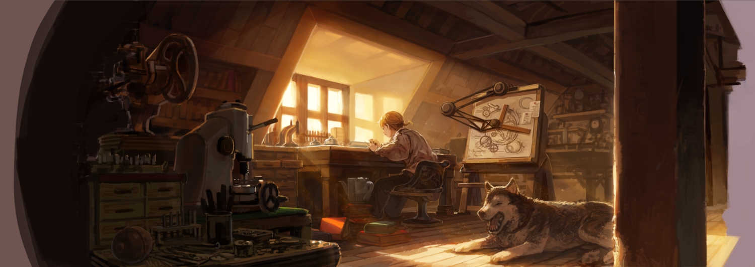 animal, blonde_hair, book, burari, dog, dualscreen, industrial, original, ponytail, scenic, short_hair