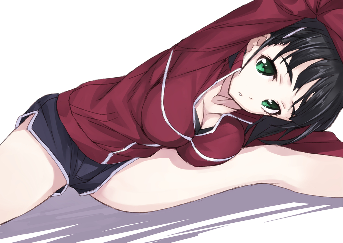 black_hair, breasts, cleavage, green_eyes, kirigaya_suguha, matsuryuu, shorts, sword_art_online
