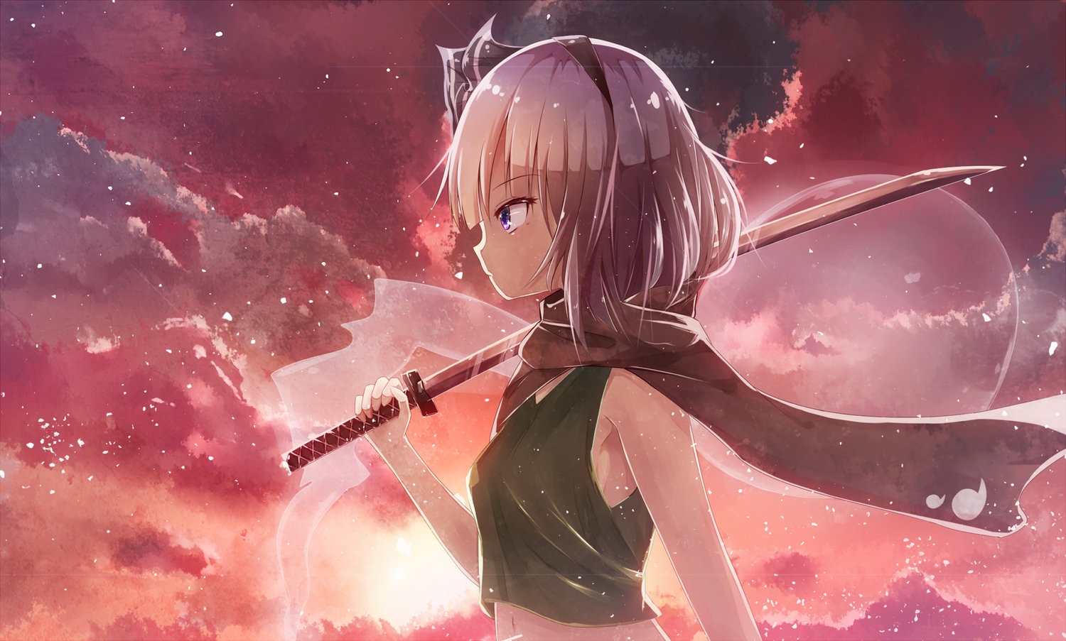 blue_eyes, clouds, gray_hair, headband, katana, konpaku_youmu, myon, navel, raira, scarf, short_hair, sunset, sword, touhou, weapon