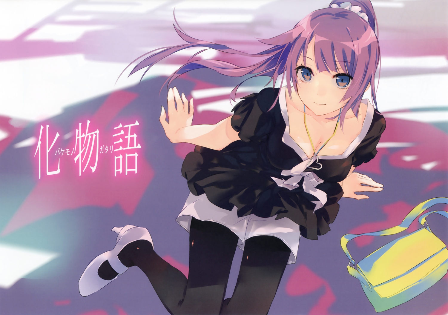 bakemonogatari, breasts, cleavage, long_hair, monogatari_(series), necklace, pantyhose, ponkan_eight, ponytail, purple_hair, scan, senjougahara_hitagi, shorts
