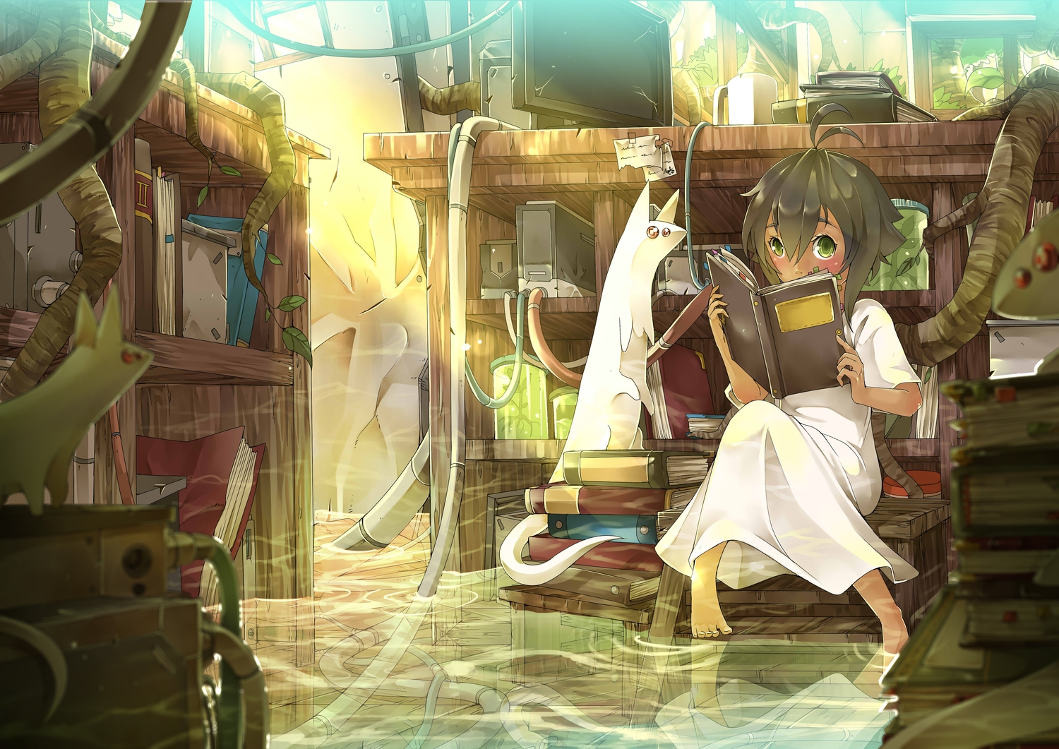 barefoot, blush, book, brown_hair, dress, green_eyes, jpeg_artifacts, original, sinlaire, water