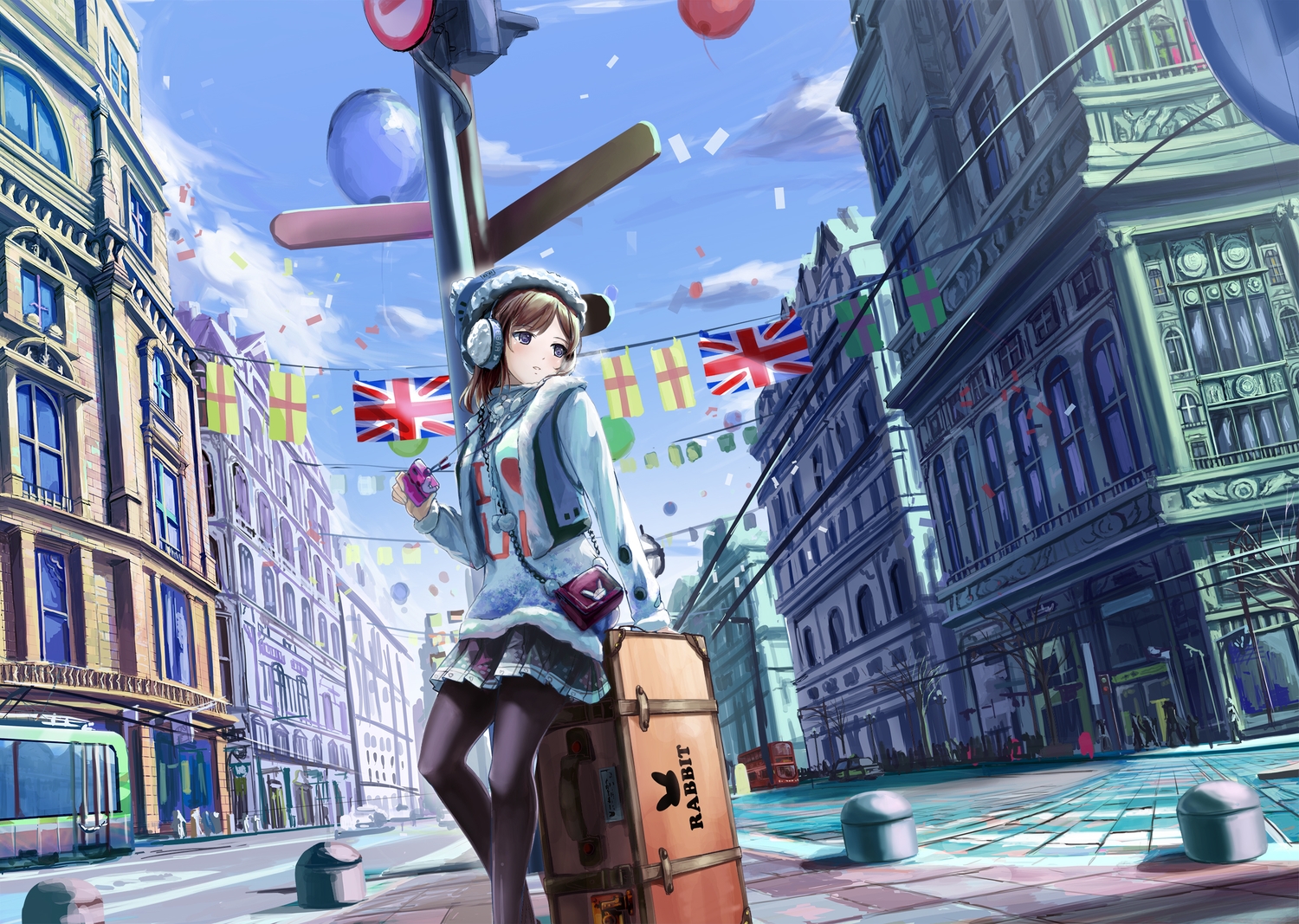 blue_eyes, brown_hair, building, city, clouds, hat, headphones, kyaro_(kyaro54)