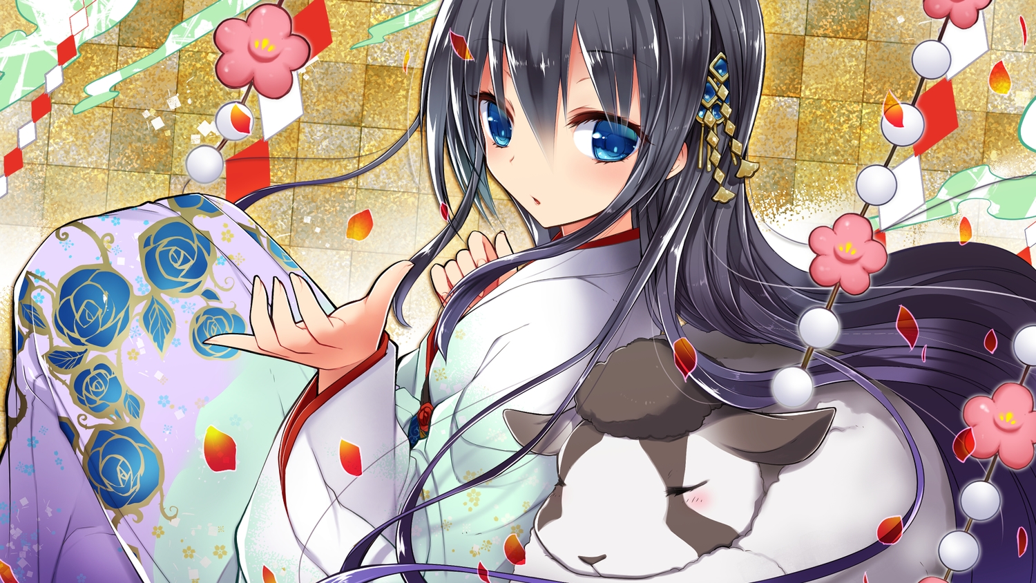 animal, aqua_eyes, black_hair, japanese_clothes, kamiyoshi_rika, kimono, long_hair, original