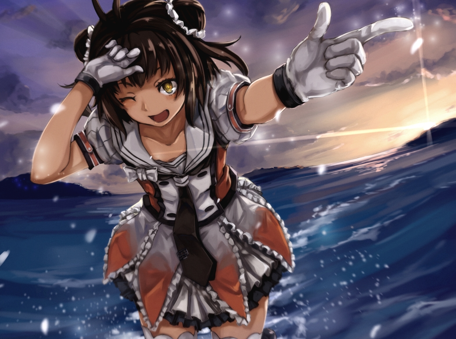 anthropomorphism, brown_hair, gloves, kantai_collection, maki_pei, naka_(kancolle), short_hair, thighhighs