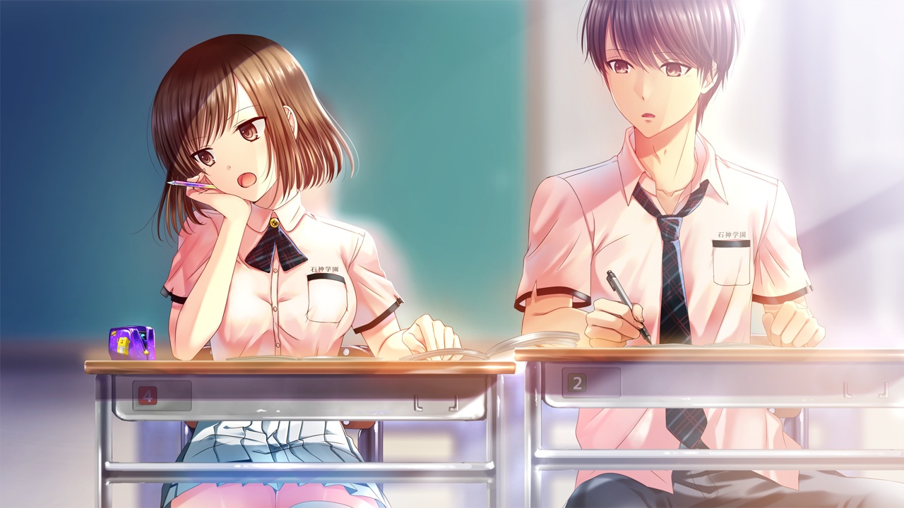 book, brown_hair, game_cg, himawari_to_koi_no_kioku, male, minamihama_yoriko, more_(company), oginohama_akane, school_uniform, skirt, tsukuru