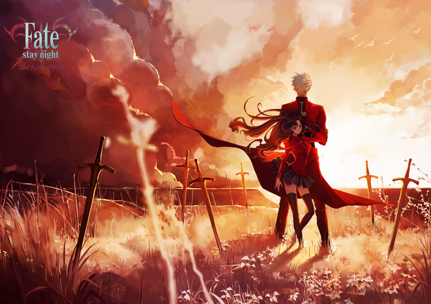 ana_bi, archer, black_hair, blue_eyes, cape, clouds, fate_(series), fate/stay_night, grass, logo, long_hair, male, short_hair, skirt, sky, sunset, sword, thighhighs, tohsaka_rin, twintails, weapon, white_hair, zettai_ryouiki
