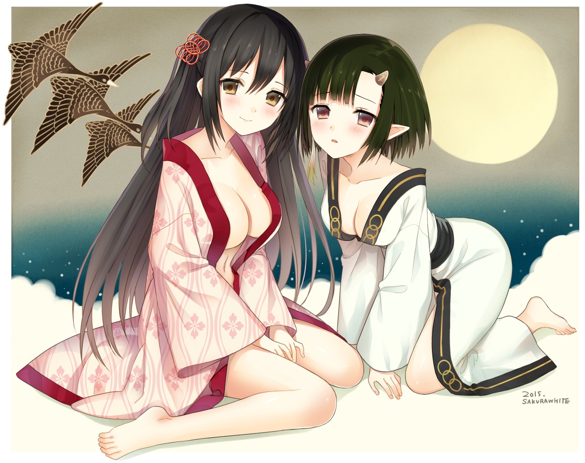2girls, barefoot, blush, breasts, brown_eyes, cleavage, horns, long_hair