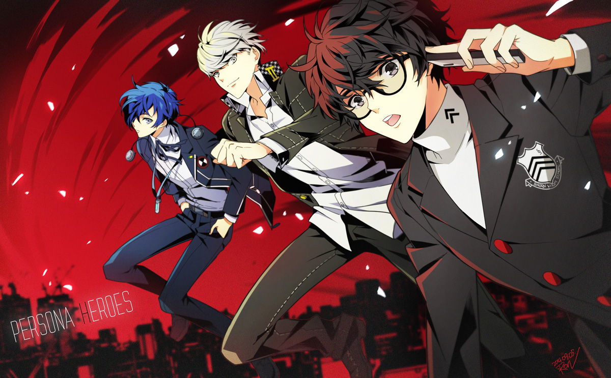 all_male, amamiya_ren, arisato_minato, black_eyes, black_hair, blue_eyes, blue_hair, glasses