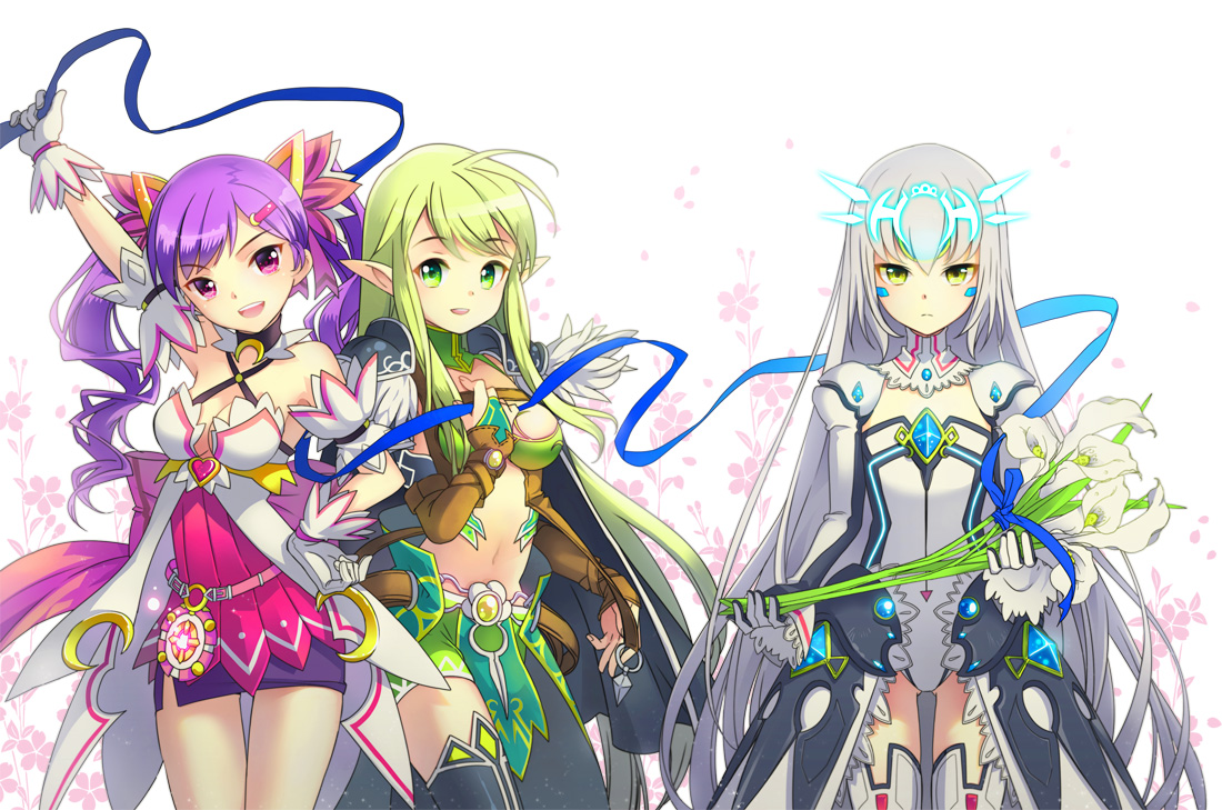 aisha_(elsword), breasts, cleavage, elsword, eve_(elsword), flowers, gloves, green_eyes