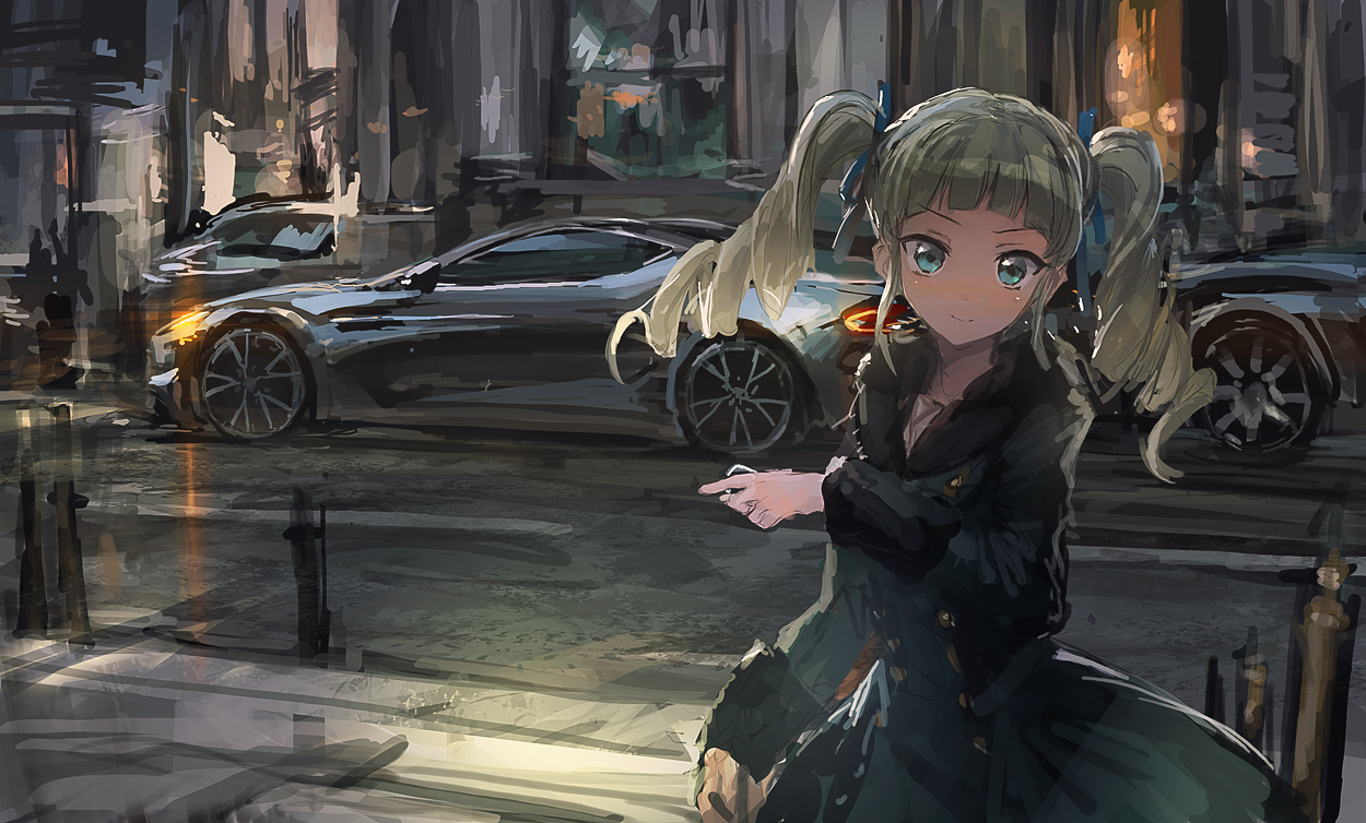 aikatsu!, blue_eyes, car, dress, lm7_(op-center), long_hair, toudou_yurika, twintails