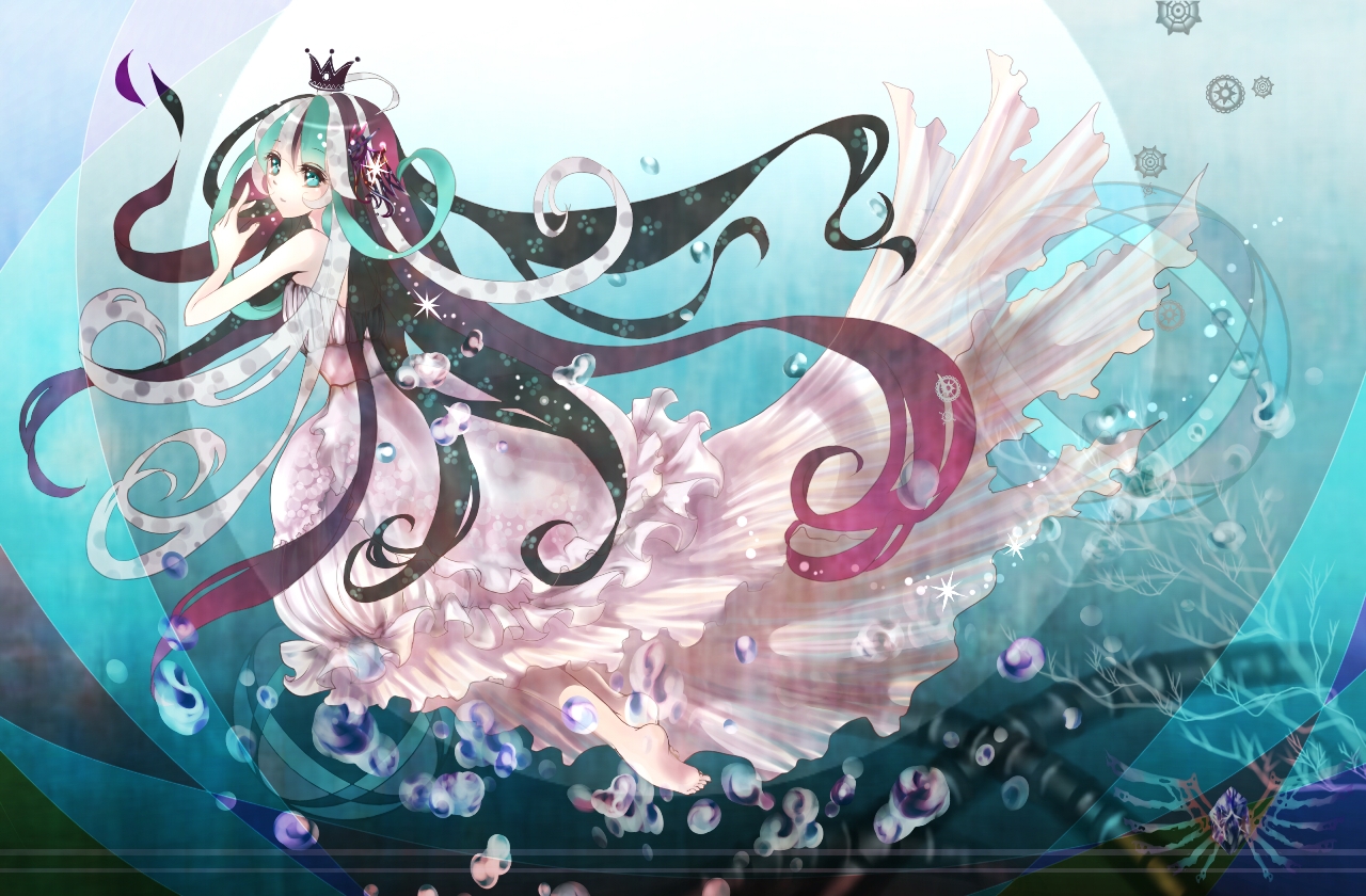 barefoot, bubbles, crown, dress, green_hair, mermaid, pink_hair, suu_(knzksu), underwater, vocaloid, water, white_hair