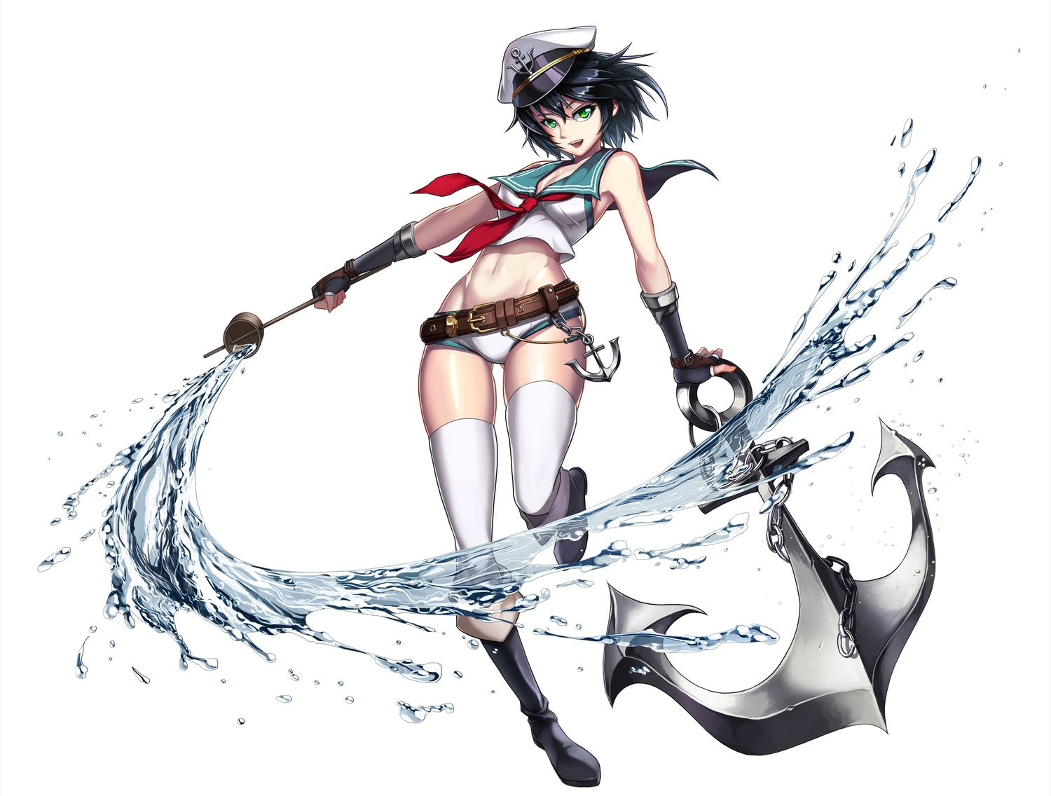 black_hair, boots, breasts, chain, cleavage, gloves, green_eyes, hat