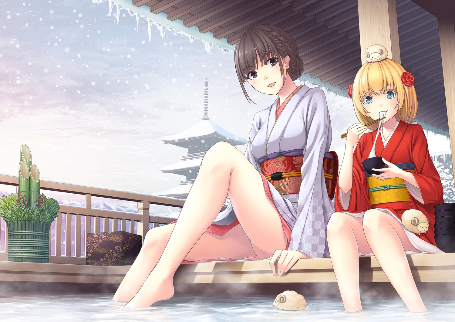2girls, animal, blonde_hair, blue_eyes, brown_eyes, brown_hair, food, japanese_clothes