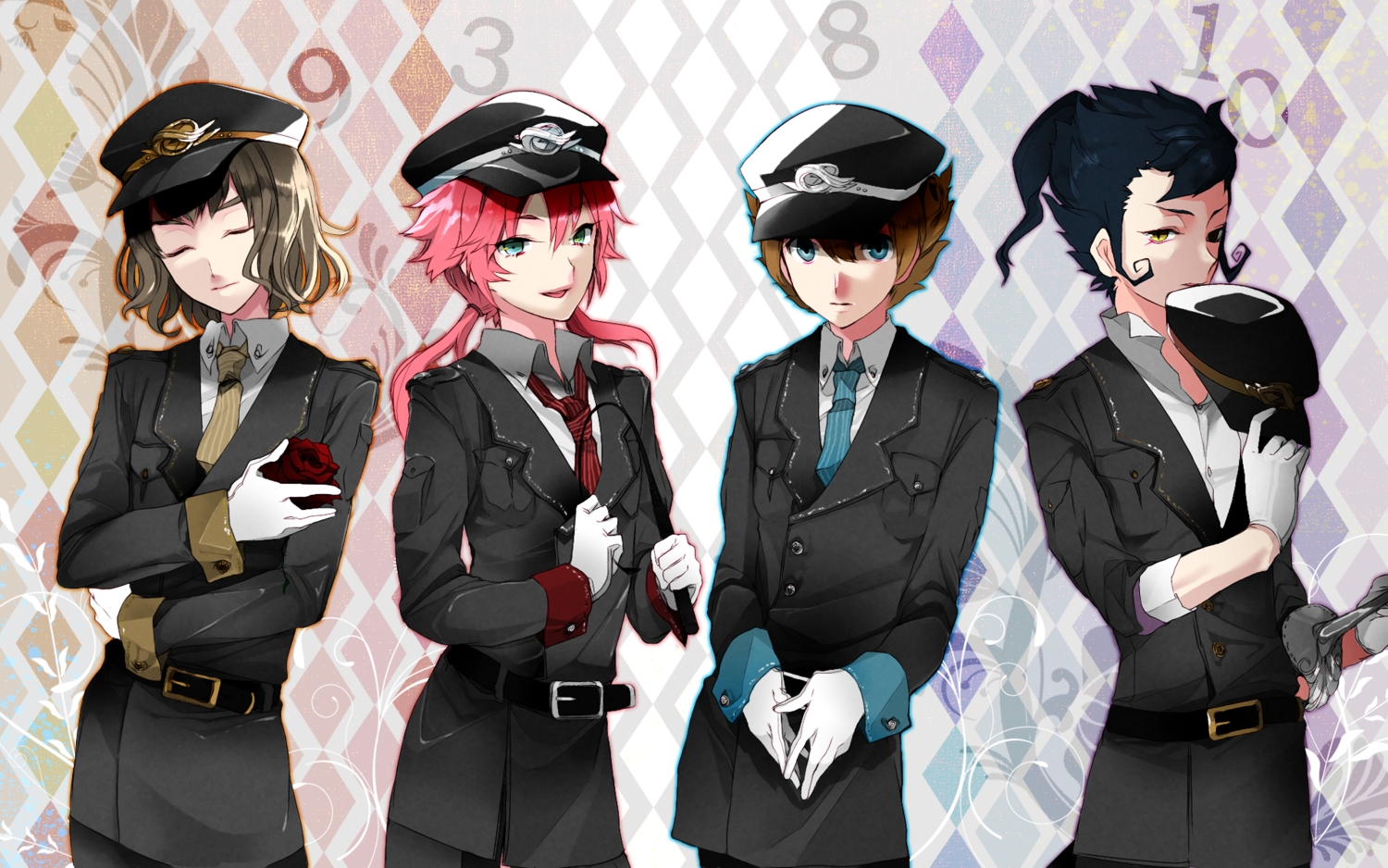 all_male, blue_eyes, blue_hair, brown_hair, flowers, gloves, green_eyes, hat