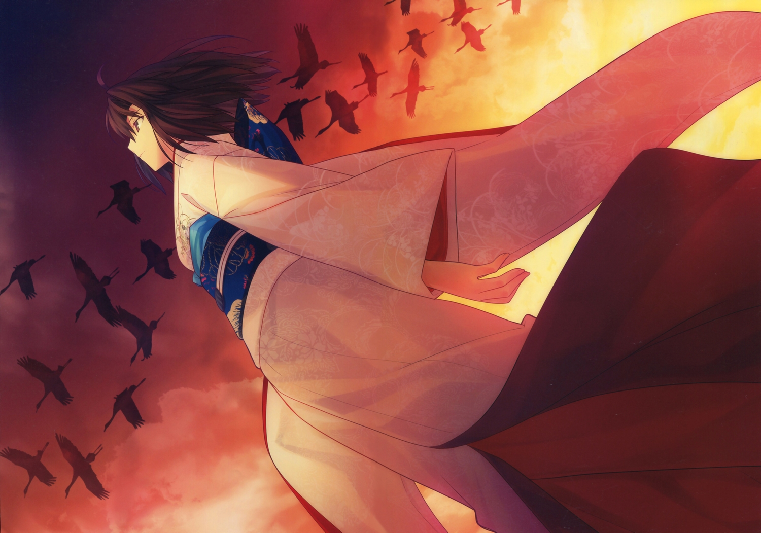 animal, bird, brown_eyes, brown_hair, clouds, japanese_clothes, kara_no_kyoukai, kimono