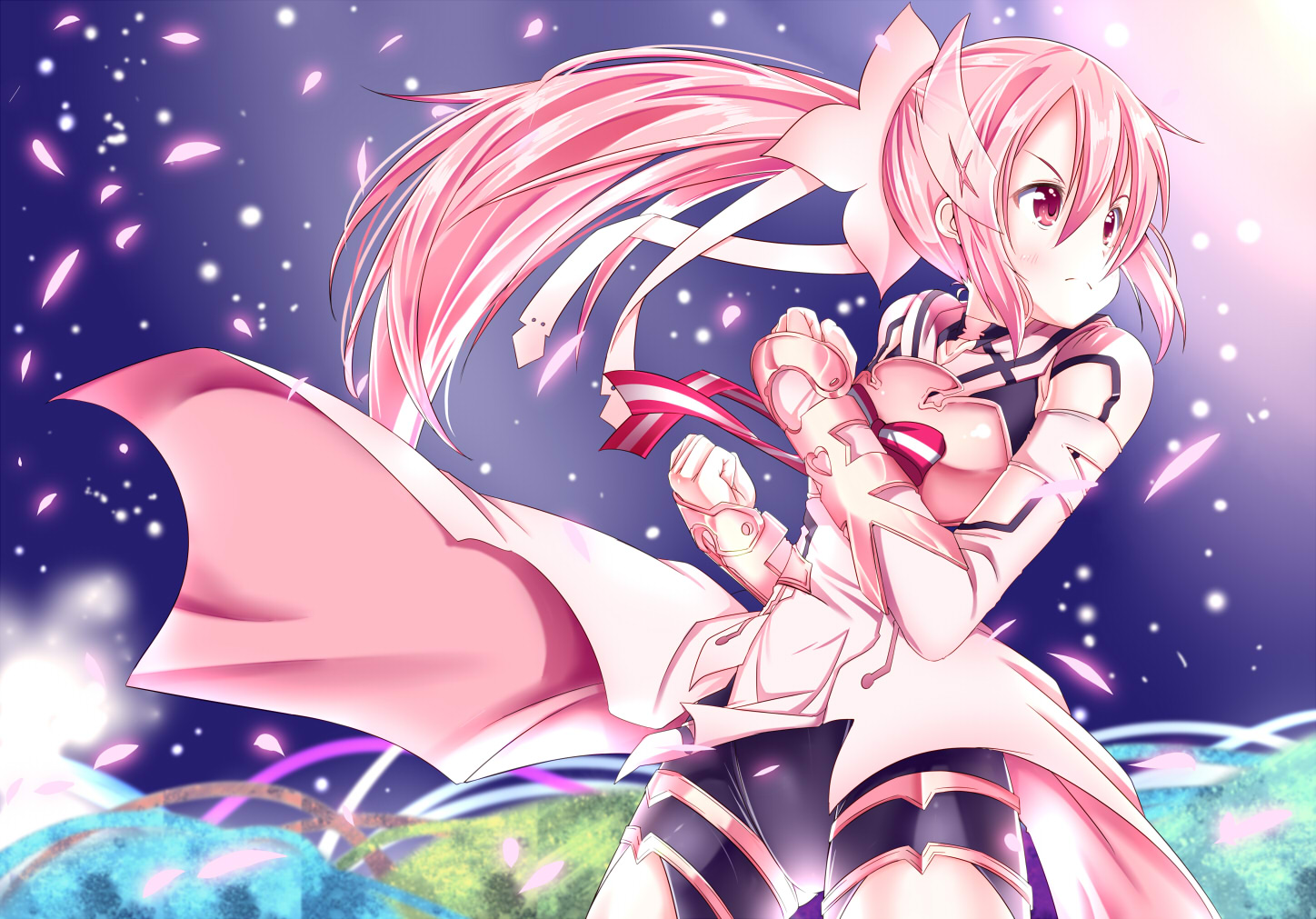 armor, blush, bow, cherry_blossoms, flowers, heart, long_hair, mad_(hazukiken)