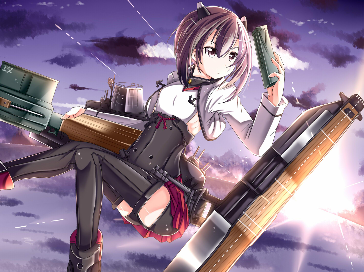 anthropomorphism, brown_eyes, brown_hair, clouds, kantai_collection, mad_(hazukiken), short_hair, skirt
