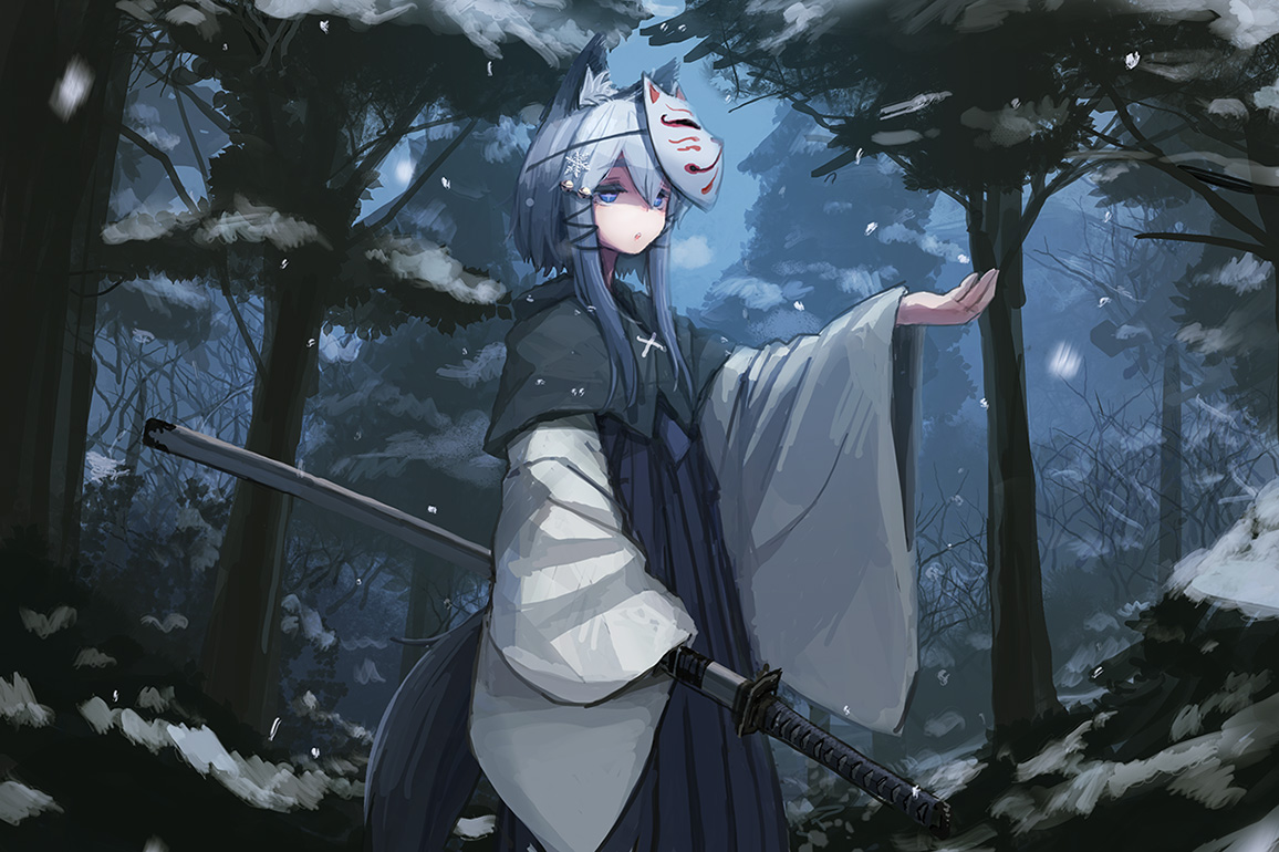 animal_ears, bee_(deadflow), bell, blue_eyes, blue_hair, forest, foxgirl, japanese_clothes, katana, long_hair, mask, original, snow, sword, tail, tree, weapon, winter