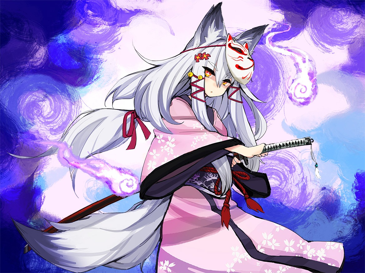 animal_ears, bee_(deadflow), bell, flowers, foxgirl, japanese_clothes, katana, kimono