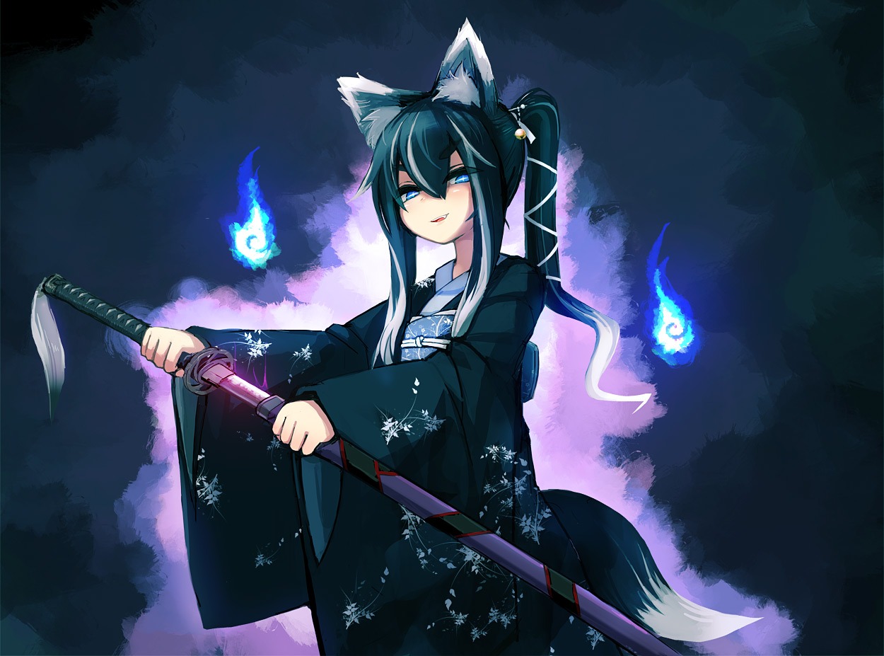animal_ears, bee_(deadflow), bell, black_hair, blue_eyes, fang, foxgirl, japanese_clothes