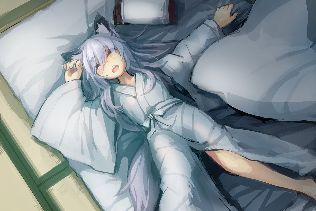 animal_ears, barefoot, bee_(deadflow), fang, foxgirl, japanese_clothes, kimono, long_hair