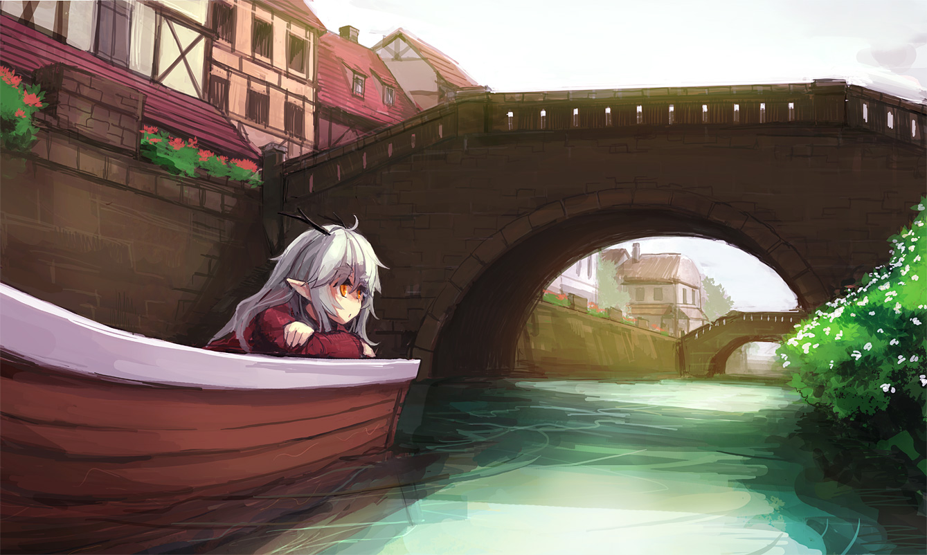 bee_(deadflow), boat, building, city, kuryuu_kohaku, long_hair, original, pointed_ears