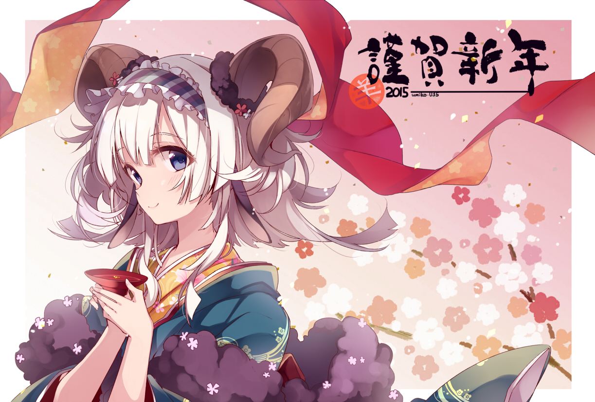 blonde_hair, blue_eyes, drink, flowers, headband, horns, japanese_clothes, original