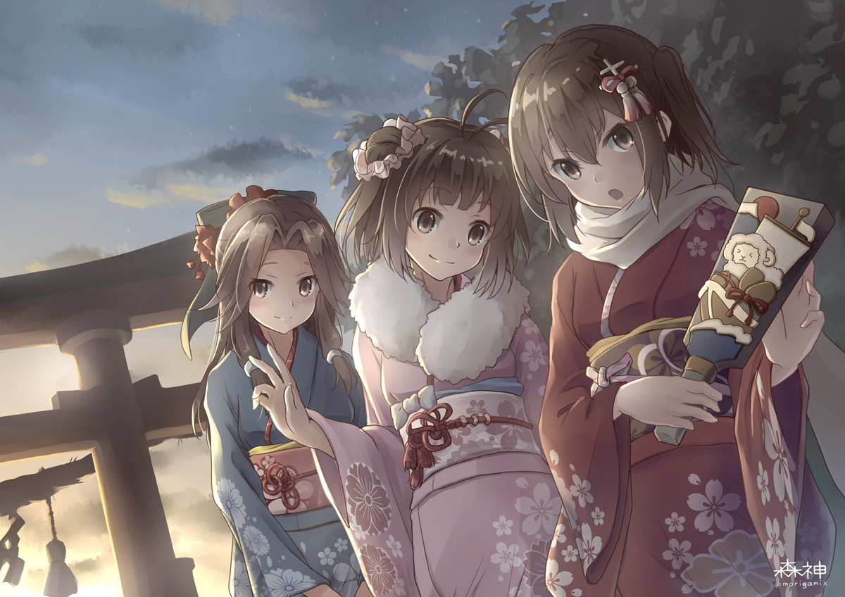 anthropomorphism, brown_eyes, brown_hair, clouds, d-style_wed, japanese_clothes, jintsuu_(kancolle), kantai_collection