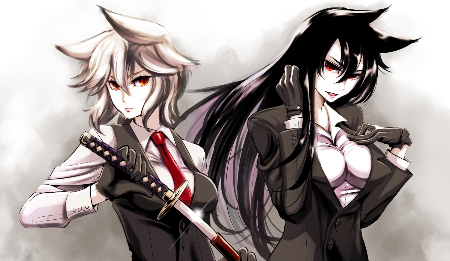 2girls, animal_ears, black_hair, breasts, cleavage, gloves, imaizumi_kagerou, inubashiri_momiji, katana, kouji_oota, long_hair, orange_eyes, red_eyes, shirt, short_hair, suit, sword, tie, touhou, weapon, white_hair, wolfgirl