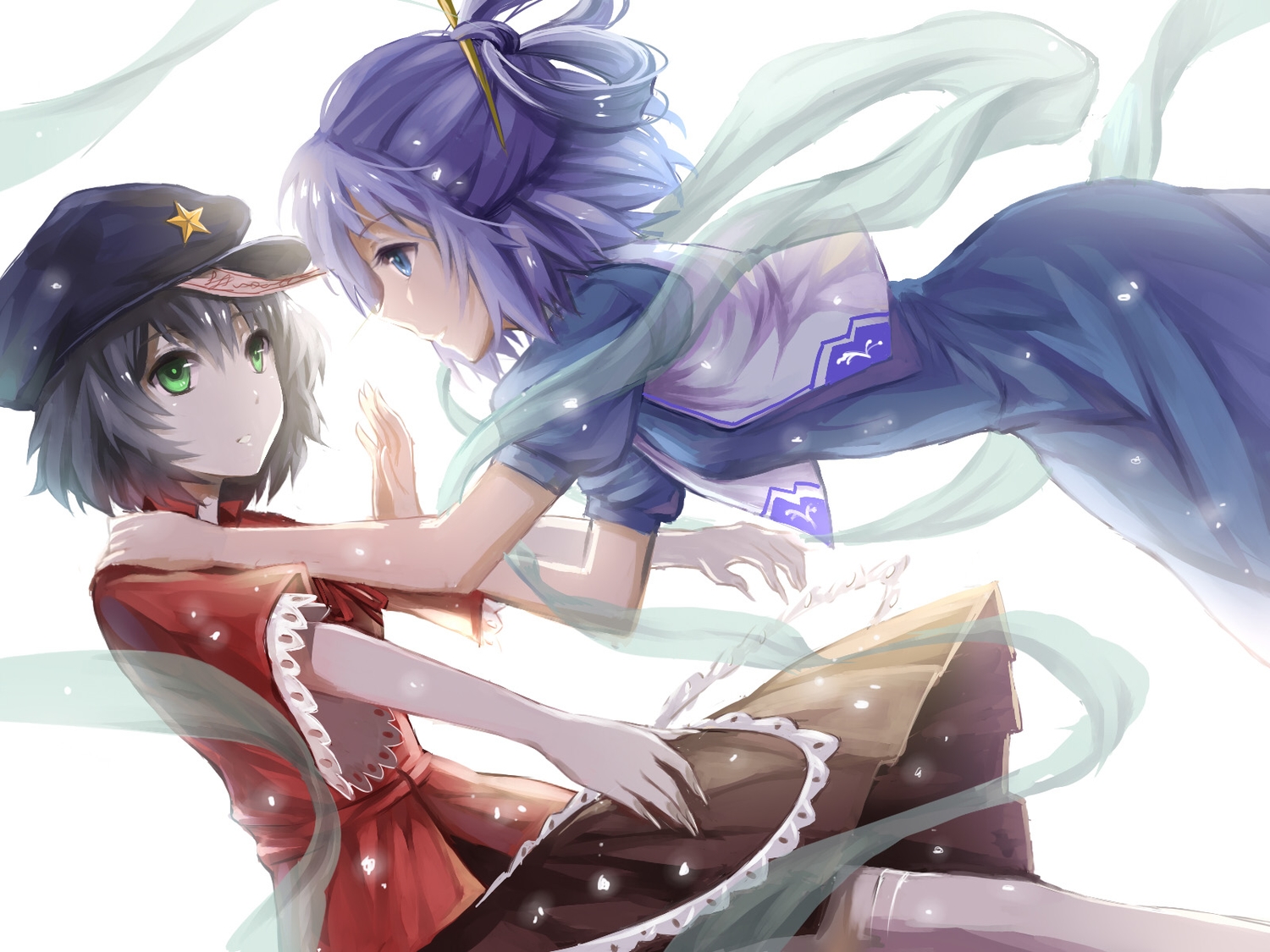 2girls, a_luo, blue_eyes, blue_hair, dress, green_eyes, hat, kaku_seiga